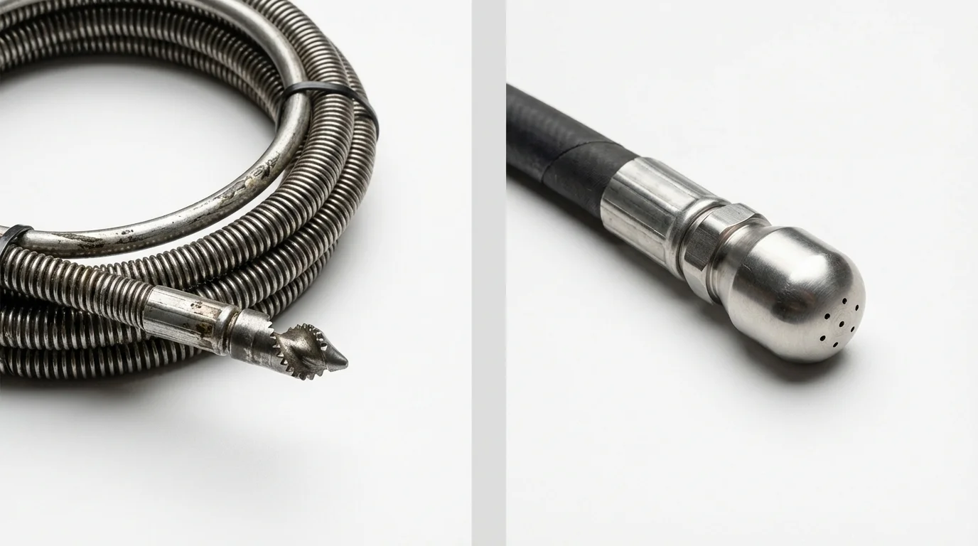 Drain snake cable and hydro jetting nozzle used for drain cleaning in Murphy, ID