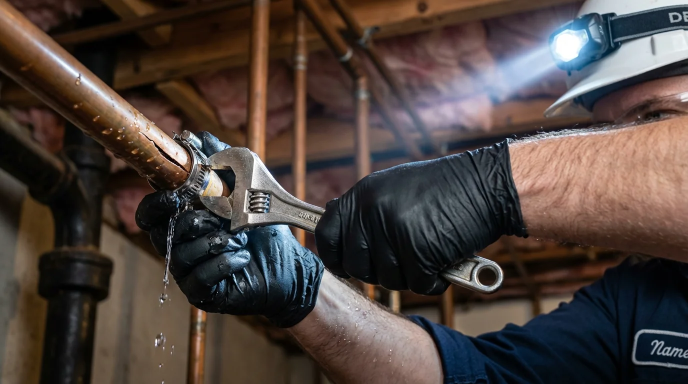 Emergency pipe clamp repair being performed by a Johns Plumbing LLC plumber in Murphy