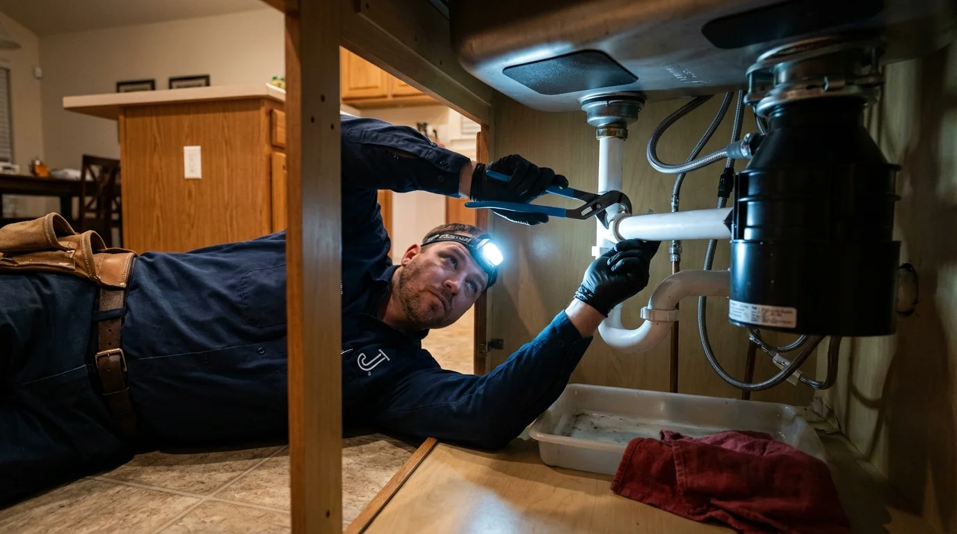 P-trap and supply line connections under a kitchen sink showing a common leak point in Murphy, ID